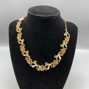 Gorgeous Vintage BSK Gold Tone Floral Choker Necklace with Amber Rhinestones